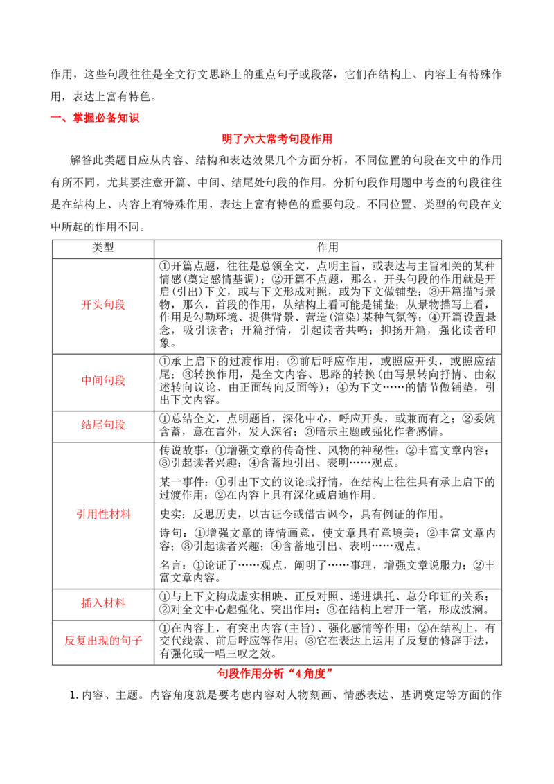 专题01：分析散文结构思路（原卷版）-上好课2025年高考语文一轮复习知识清单_1.2025语文总复习_2025年新高考资料_一轮复习_2025年高考语文一轮复习知识清单