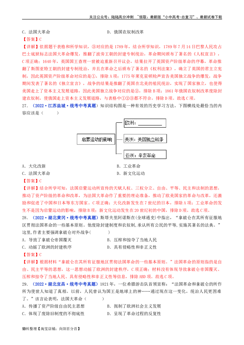 第19课法国大革命和拿破仑帝国（解析版）_02中考总复习（2026版更新中）_06-历史-中考总复习_2024年中考复习资料_专项复习资料_完三年（2021-2023）中考历史真题分项汇编（全国通用）