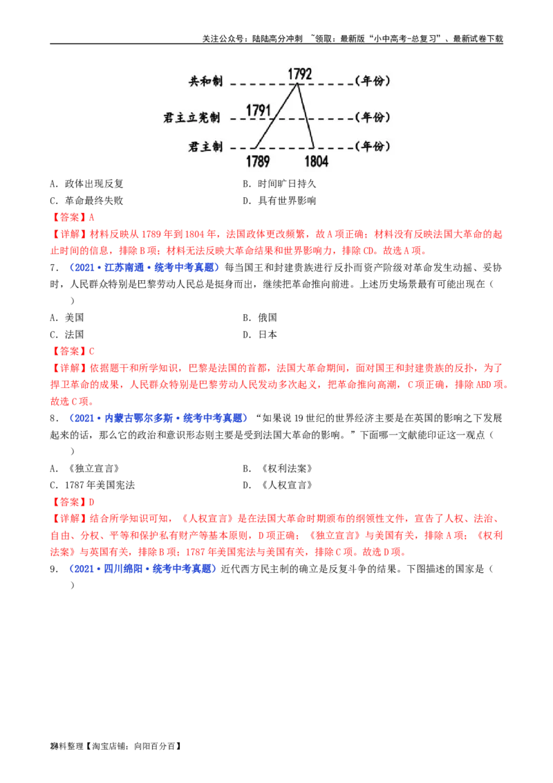 第19课法国大革命和拿破仑帝国（解析版）_02中考总复习（2026版更新中）_06-历史-中考总复习_2024年中考复习资料_专项复习资料_完三年（2021-2023）中考历史真题分项汇编（全国通用）