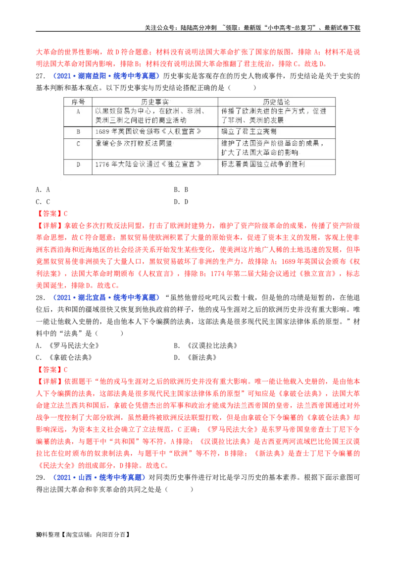 第19课法国大革命和拿破仑帝国（解析版）_02中考总复习（2026版更新中）_06-历史-中考总复习_2024年中考复习资料_专项复习资料_完三年（2021-2023）中考历史真题分项汇编（全国通用）