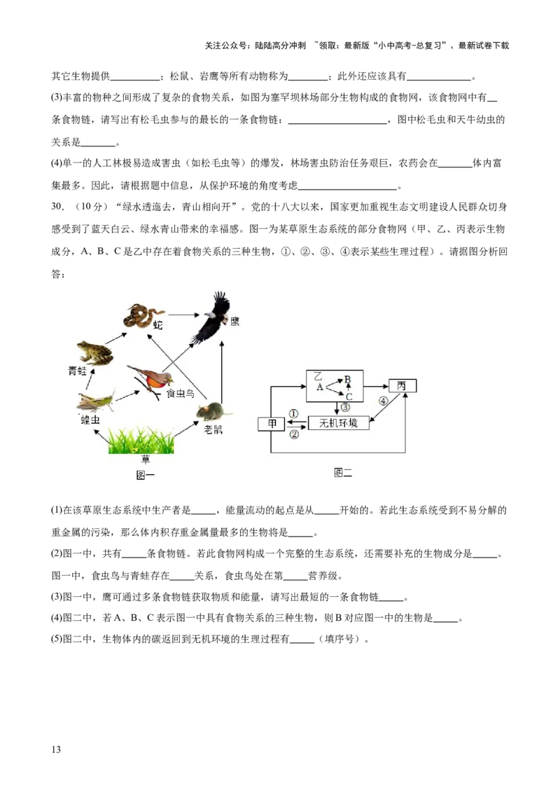 热点突破01食物网和碳循环模型的构建（测试）（原卷版）_02中考总复习（2026版更新中）_08-生物-中考总复习_2025中考复习资料_2025中考二轮课件ppt+讲义+练习生物_测试