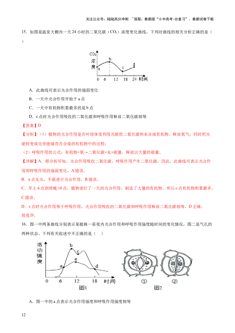 热点突破02植物的三大作用（测试）（解析版）_02中考总复习（2026版更新中）_08-生物-中考总复习_2025中考复习资料_2025中考二轮课件ppt+讲义+练习生物_测试
