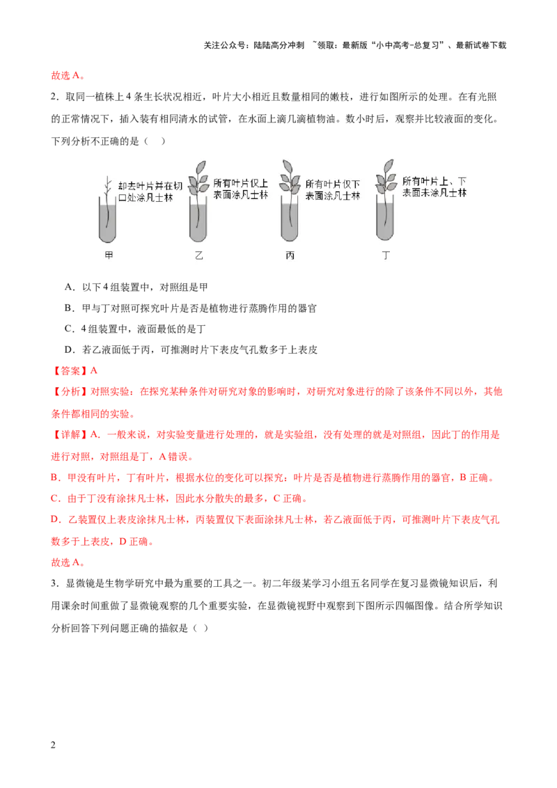 热点突破02植物的三大作用（测试）（解析版）_02中考总复习（2026版更新中）_08-生物-中考总复习_2025中考复习资料_2025中考二轮课件ppt+讲义+练习生物_测试