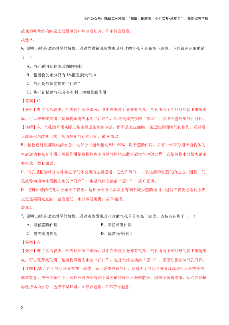 热点突破02植物的三大作用（测试）（解析版）_02中考总复习（2026版更新中）_08-生物-中考总复习_2025中考复习资料_2025中考二轮课件ppt+讲义+练习生物_测试