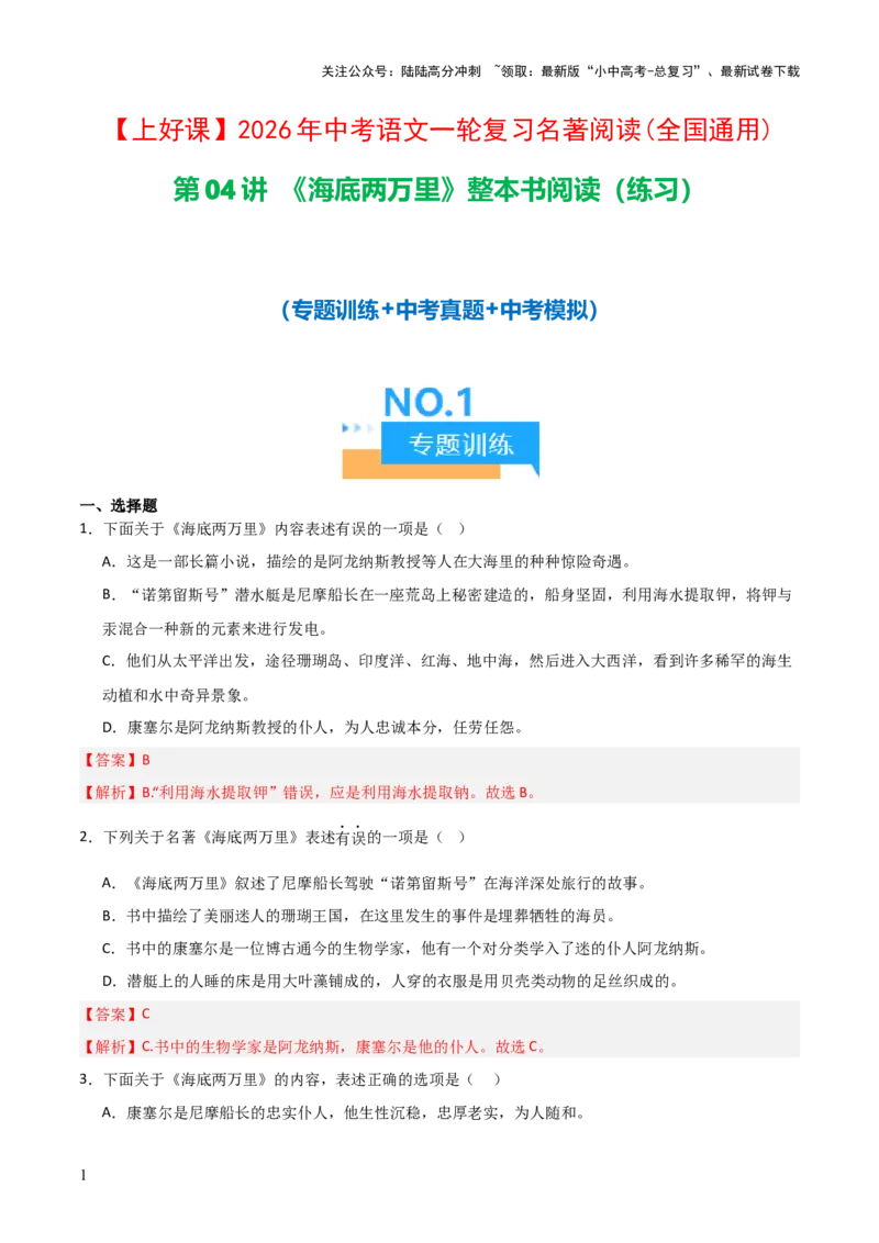 第04讲《海底两万里》整本书阅读(练习）（解析版）_02中考总复习（2026版更新中）_01-语文-中考总复习_2026年中考复习（更新中）_2026年中考语文一轮复习名著阅读