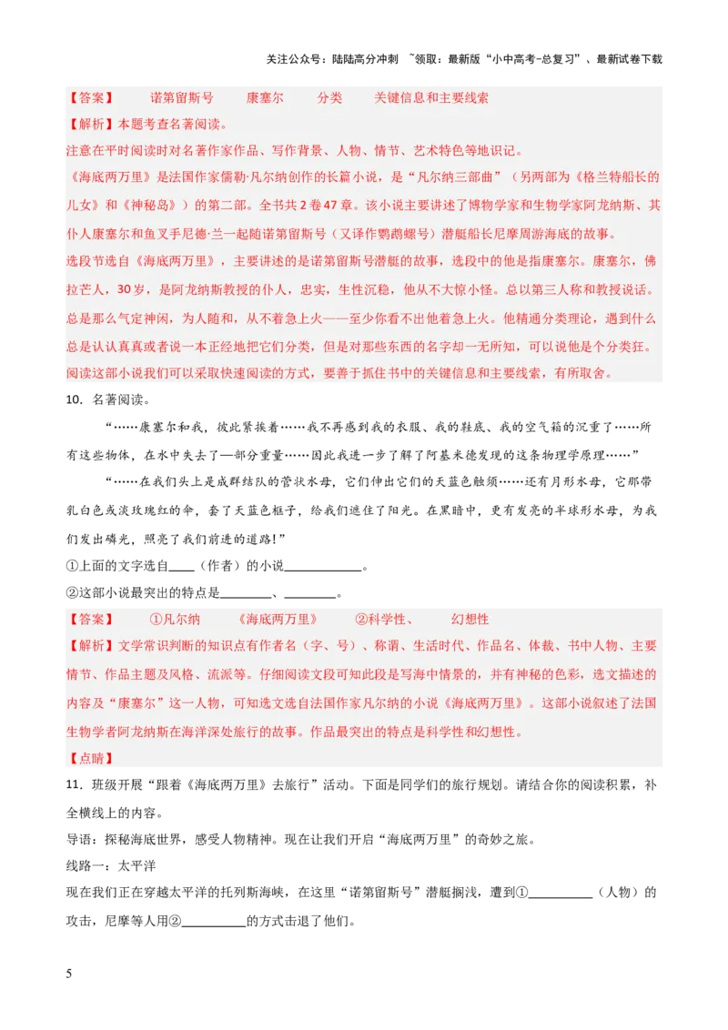 第04讲《海底两万里》整本书阅读(练习）（解析版）_02中考总复习（2026版更新中）_01-语文-中考总复习_2026年中考复习（更新中）_2026年中考语文一轮复习名著阅读