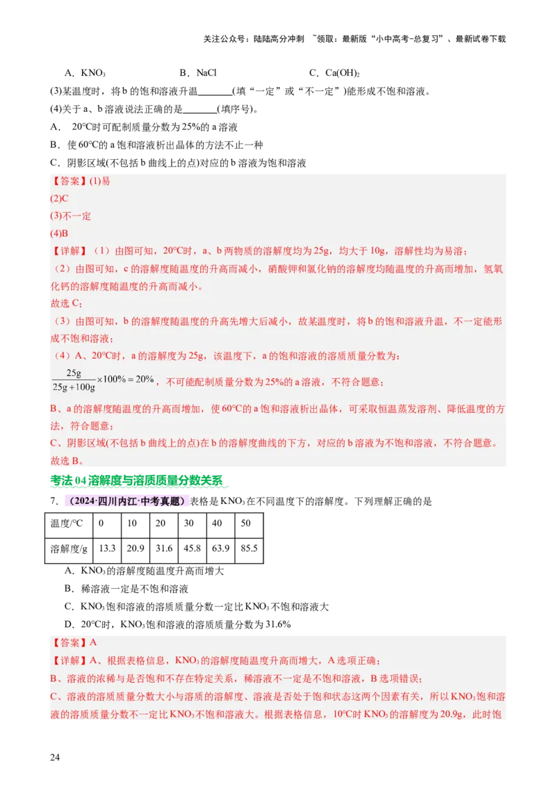热点突破溶解度及溶解度曲线（讲练）（解析版）_02中考总复习（2026版更新中）_05-化学-中考总复习_2025年中考复习资料_2025中考二轮课件ppt+讲义+练习化学_讲义+练习