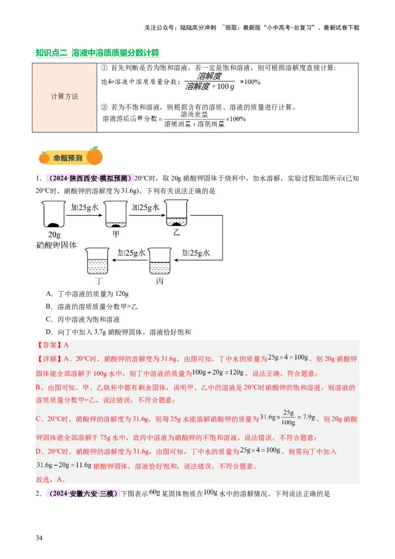 热点突破溶解度及溶解度曲线（讲练）（解析版）_02中考总复习（2026版更新中）_05-化学-中考总复习_2025年中考复习资料_2025中考二轮课件ppt+讲义+练习化学_讲义+练习