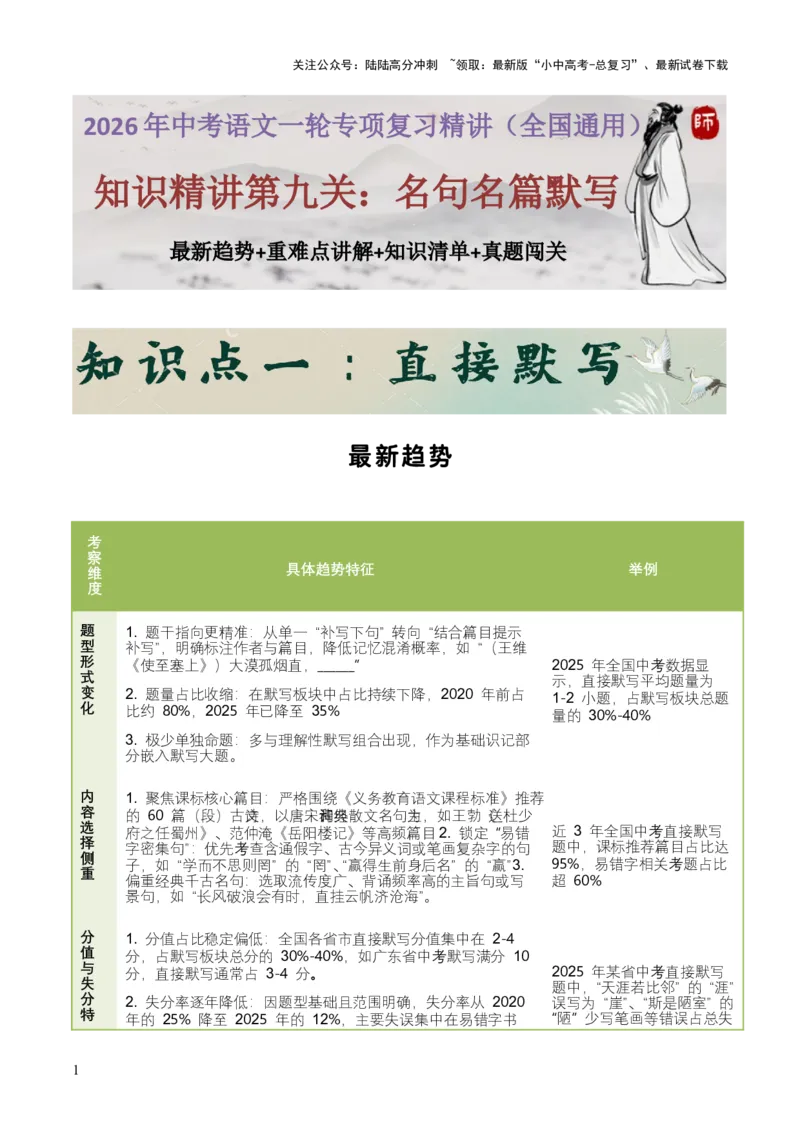 知识点精讲第九关：基础知识综合&mdash;09名句名篇默写考查趋势+重难点讲解+知识清单+真题闯关（全国通用）（原卷版）_02中考总复习（2026版更新中）_01-语文-中考总复习