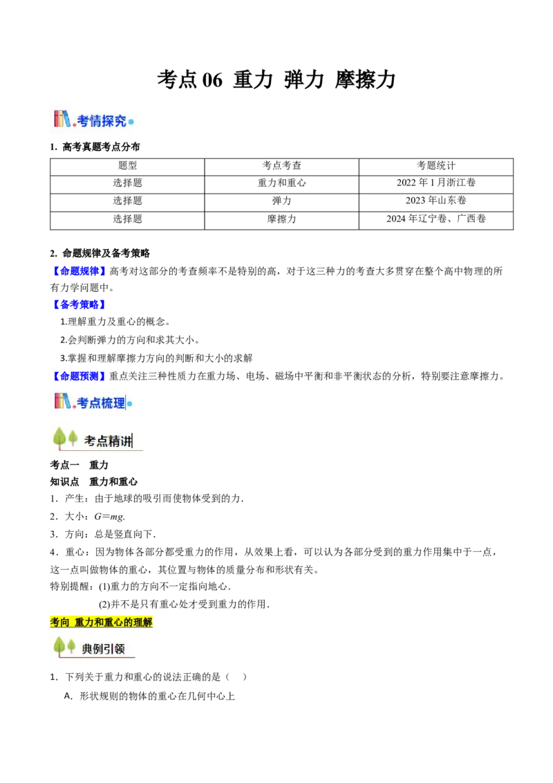 考点06重力弹力摩擦力（核心考点精讲精练）（解析版）_4.2025物理总复习_2025年新高考资料_一轮复习_备战2025年高考物理一轮复习考点帮（新高考通用）