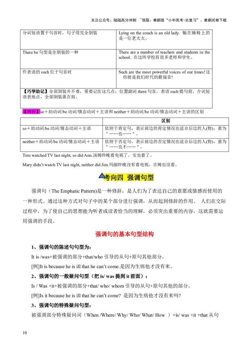 第20讲句子的种类（陈述句、疑问句、祈使句、感叹句、倒装句、强调句）（讲义）-2024年中考英语一轮复习讲练测（全国通用）（原卷版）_02中考总复习（2026版更新中）_一轮复习