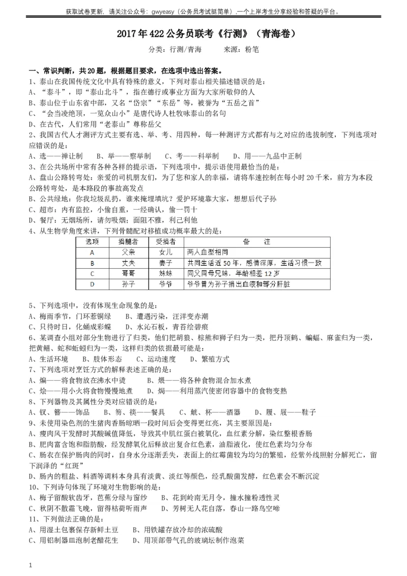 2017年422公务员联考《行测》真题（青海卷）_34省+国考真题_此文件夹为word版,不推荐使用_此word版为,不推荐使用_此word版为,不推荐使用_题目