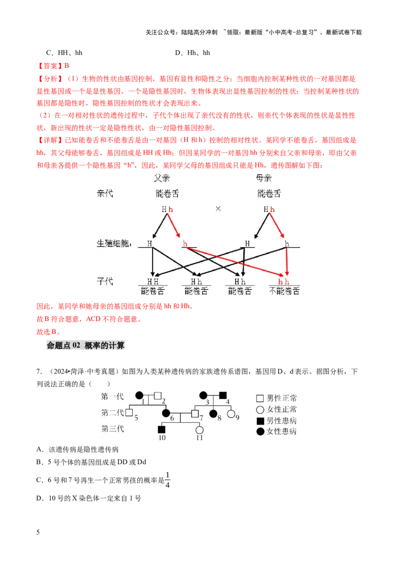 热点突破04基因组成及概率计算（讲练）（解析版）_02中考总复习（2026版更新中）_08-生物-中考总复习_2025中考复习资料_2025中考二轮课件ppt+讲义+练习生物_讲义+练习