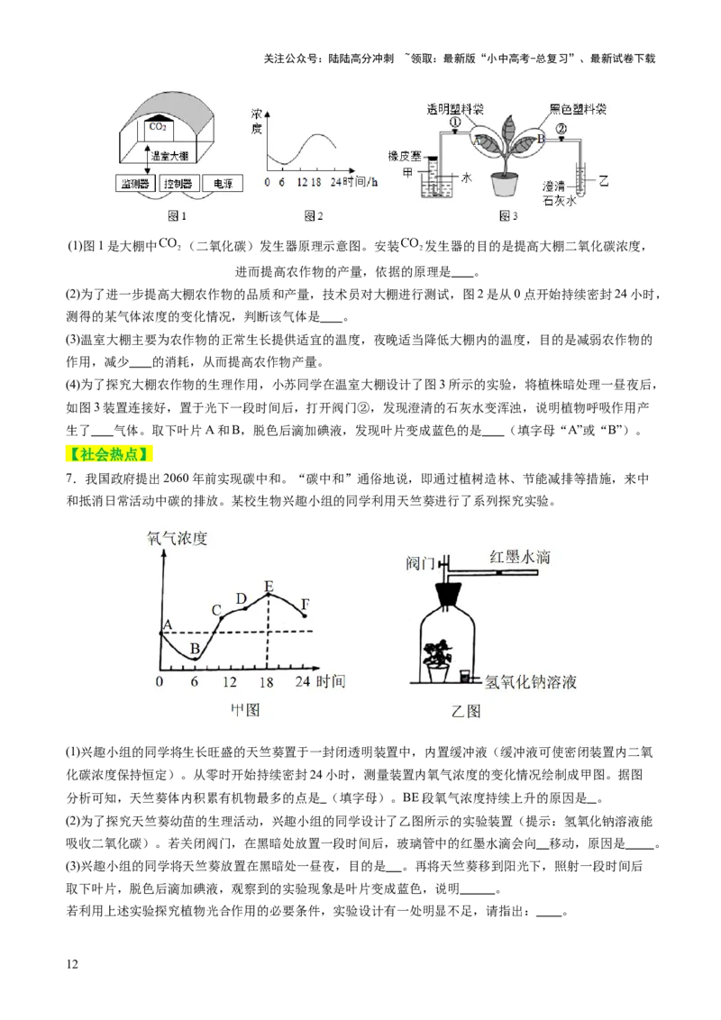 热点突破02植物的三大作用（讲练）（原卷版）_02中考总复习（2026版更新中）_08-生物-中考总复习_2025中考复习资料_2025中考二轮课件ppt+讲义+练习生物_讲义+练习