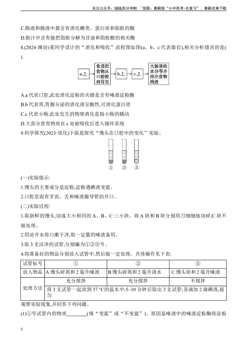 第10讲　人体的营养2025年中考生物学专题练习（含答案）_02中考总复习（2026版更新中）_08-生物-中考总复习_2025中考复习资料_2025年中考生物学专题练习(含答案)
