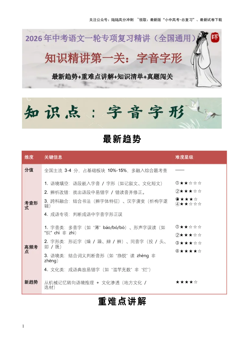 知识点精讲第一关：基础知识综合&mdash;01字音字形考查趋势+重难点讲解+知识清单+真题闯关（全国通用）（解析版）_02中考总复习（2026版更新中）_01-语文-中考总复习