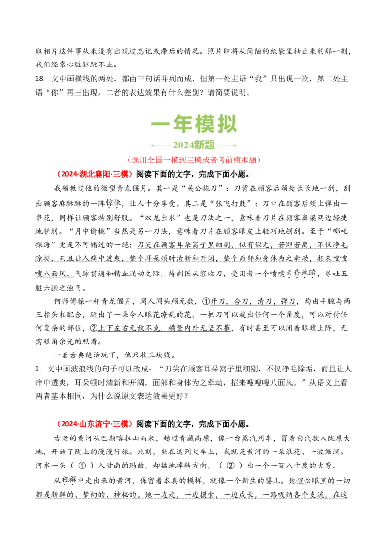 专题05表达效果-3年（2022-2024）高考1年模拟语文真题分类汇编（全国通用）（原卷版）_1.2025语文总复习_2025年新高考资料_专项复习