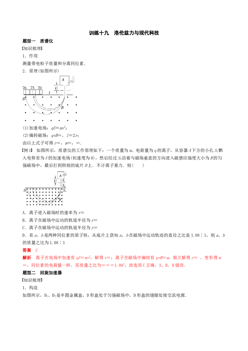 训练十九洛伦兹力与现代科技-备战2024年高考物理一轮复习专题复习与训练(解析版）_4.2025物理总复习_2024年新高考资料_3.2024专项复习_备战2024年高考物理一轮复习专题复习与训练