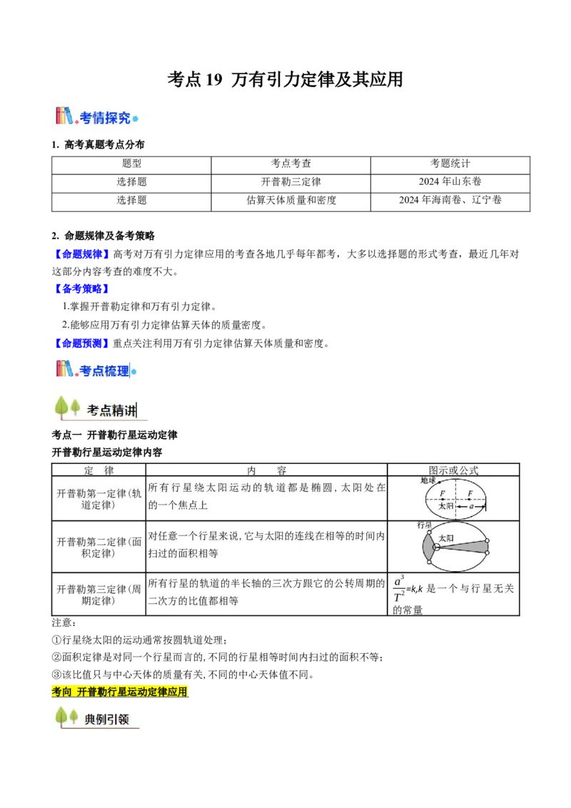 考点19万有引力定律及其应用&nbsp;（核心考点精讲精练）（原卷版）_4.2025物理总复习_2025年新高考资料_一轮复习_备战2025年高考物理一轮复习考点帮（新高考通用）