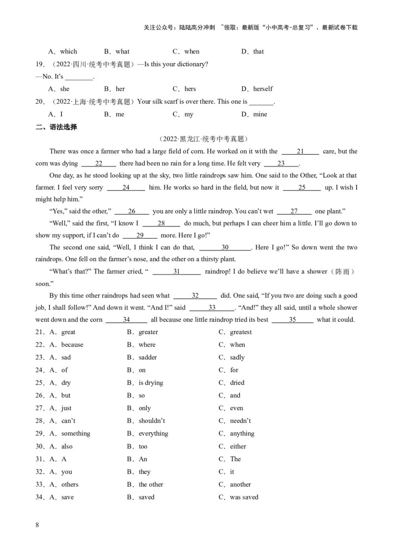 第15讲代词（练习）-2024年中考英语一轮复习讲练测（全国通用）（原卷版）_02中考总复习（2026版更新中）_03-英语-中考总复习_2024年中考复习资料_一轮复习_配套练习（原卷版+解析版）