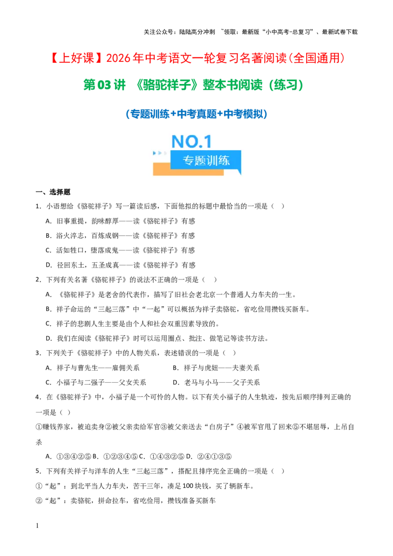 第03讲《骆驼祥子》整本书阅读(练习）（原卷版）_02中考总复习（2026版更新中）_01-语文-中考总复习_2026年中考复习（更新中）_2026年中考语文一轮复习名著阅读