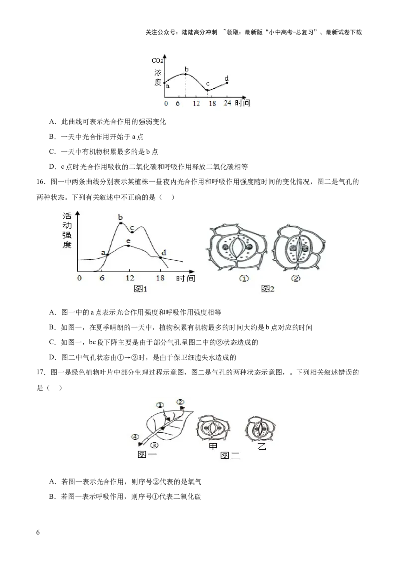 热点突破02植物的三大作用（测试）（原卷版）_02中考总复习（2026版更新中）_08-生物-中考总复习_2025中考复习资料_2025中考二轮课件ppt+讲义+练习生物_测试