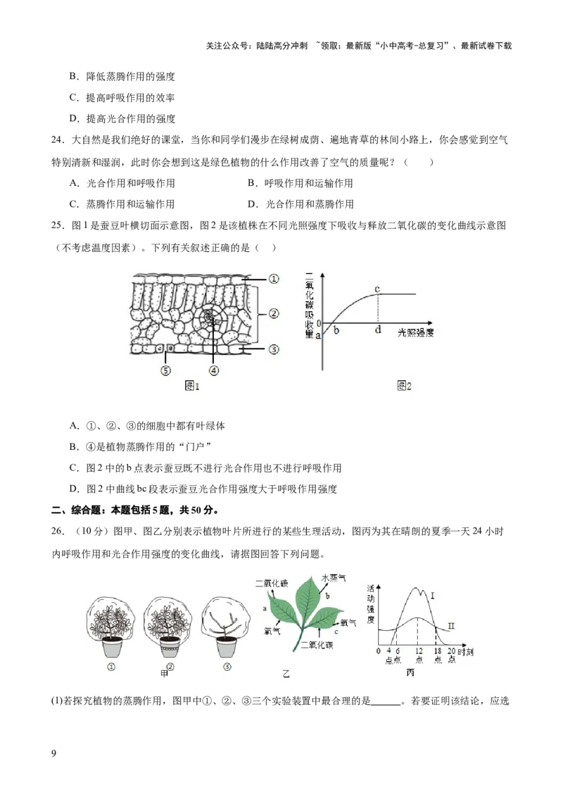 热点突破02植物的三大作用（测试）（原卷版）_02中考总复习（2026版更新中）_08-生物-中考总复习_2025中考复习资料_2025中考二轮课件ppt+讲义+练习生物_测试