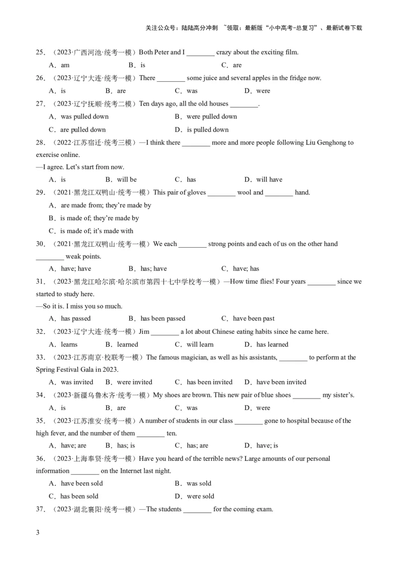 第11讲动词的时态、语态和主谓一致（练习）-2024年中考英语一轮复习讲练测（全国通用）（原卷版）_02中考总复习（2026版更新中）_03-英语-中考总复习_2024年中考复习资料_一轮复习
