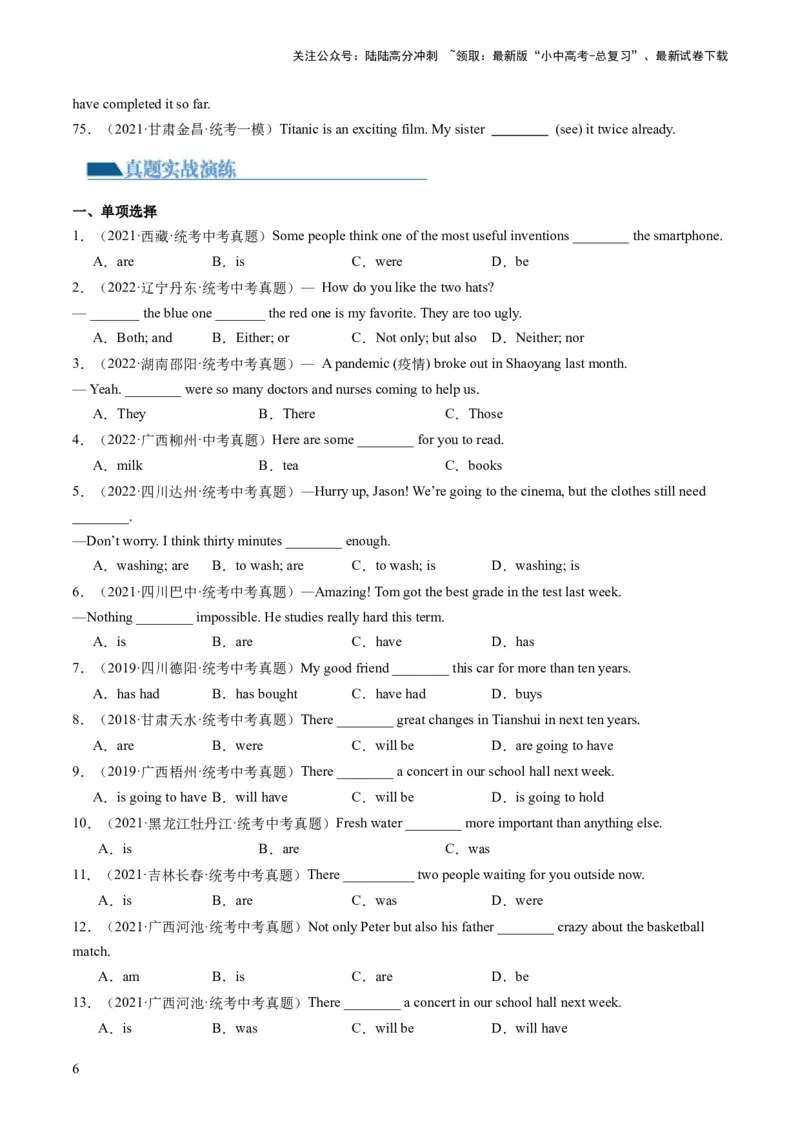 第11讲动词的时态、语态和主谓一致（练习）-2024年中考英语一轮复习讲练测（全国通用）（原卷版）_02中考总复习（2026版更新中）_03-英语-中考总复习_2024年中考复习资料_一轮复习