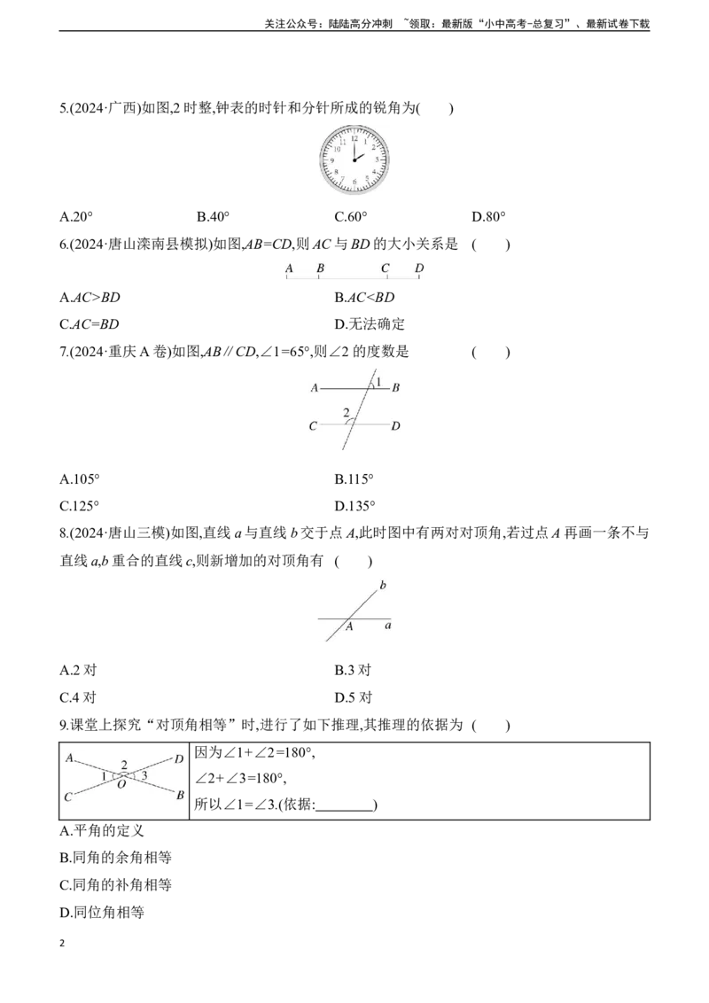 第17课时　几何初步、相交线与平行线2025年中考数学一轮专题复习强化练习（含答案）_02中考总复习（2026版更新中）_02-数学-中考总复习_2025中考复习资料