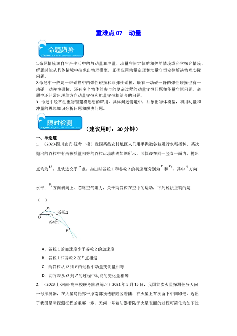 重难点07动量（原卷版）_4.2025物理总复习_2024年新高考资料_3.2024专项复习_2024年高考物理热点&middot;重点&middot;难点专练（新高考专用）