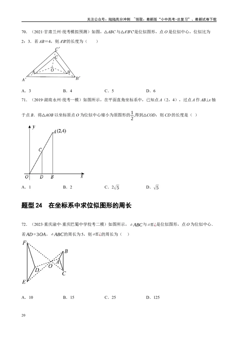 第20讲图形的相似与位似（练习）（原卷版）_02中考总复习（2026版更新中）_02-数学-中考总复习_2024年中考复习资料_一轮复习资料_配套练习（原卷版+解析版）