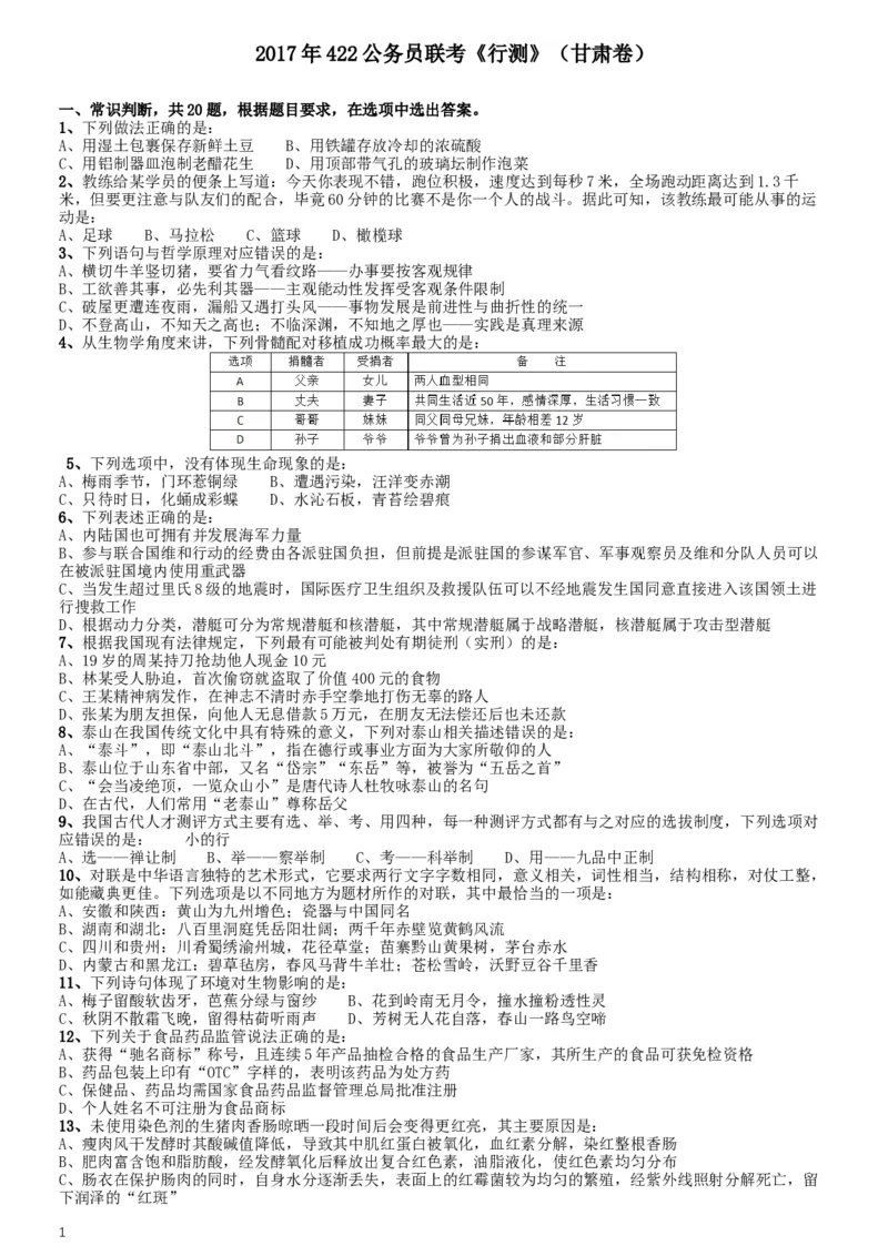 2017年422公务员联考《行测》真题（甘肃卷）_34省+国考真题_此文件夹为word版,不推荐使用_此word版为,不推荐使用_此word版为,不推荐使用_题目