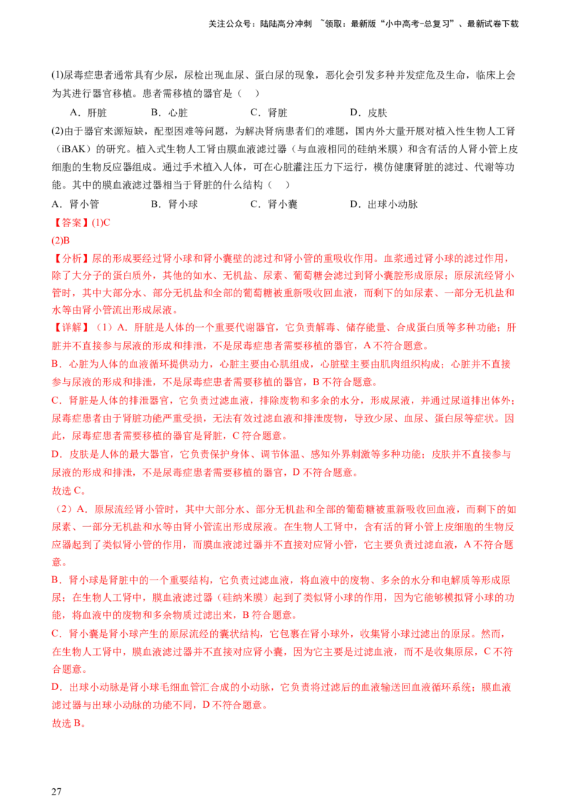 热点突破03人体生理活动模型构建（讲练）（解析版）_02中考总复习（2026版更新中）_08-生物-中考总复习_2025中考复习资料_2025中考二轮课件ppt+讲义+练习生物_讲义+练习