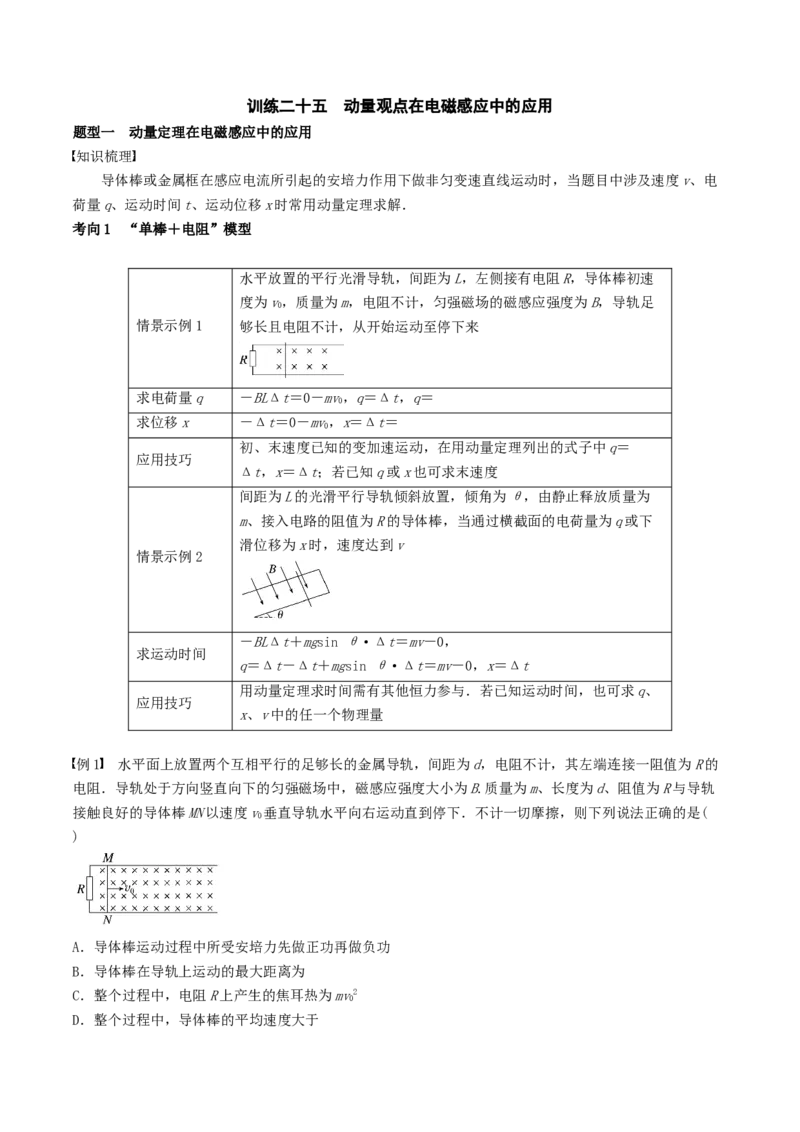 训练二十五动量观点在电磁感应中的应用-备战2024年高考物理一轮复习专题复习与训练（原卷版）_4.2025物理总复习_2024年新高考资料_3.2024专项复习