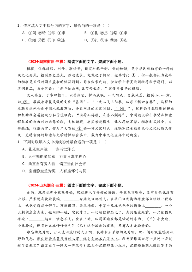 专题03选词填空-3年（2022-2024）高考1年模拟语文真题分类汇编（全国通用）（原卷版）_1.2025语文总复习_2025年新高考资料_专项复习