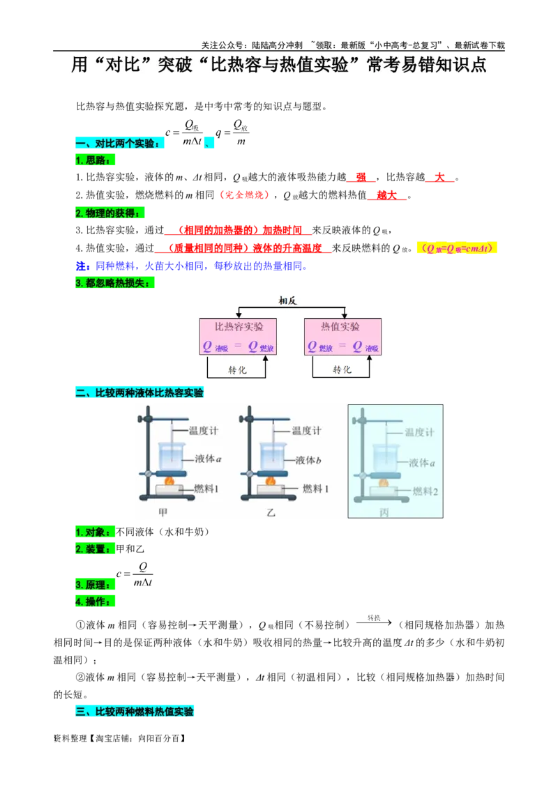 用&ldquo;对比&rdquo;突破&ldquo;比热容与热值实验&rdquo;常考易错知识点_02中考总复习（2026版更新中）_04-物理-中考总复习_2024年中考复习资料_专项复习资料_2024年中考物理复习辅导系列_❤更新专项复习