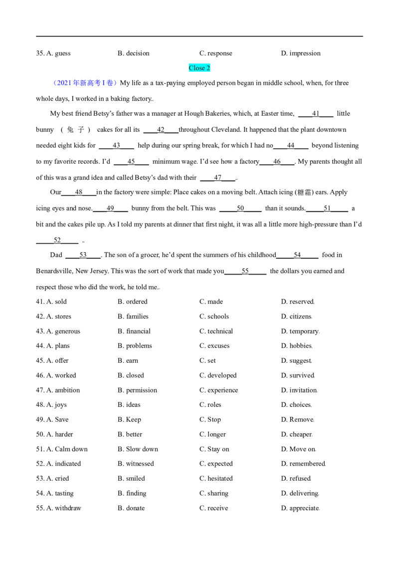 专题04完形填空(15空)大题精做冲刺2023年高考英语大题突破+限时集训(原卷版)_3.2025英语总复习_赠品通用版（老高考）复习资料_专项复习