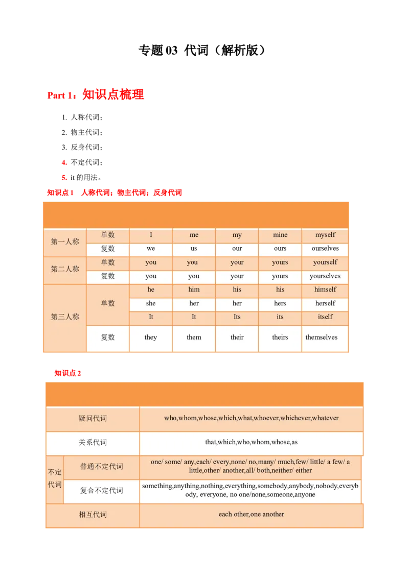 专题03代词（解析版）_3.2025英语总复习_2023年新高考资料_专项复习_2023年高考英语知识清单(强化版)(原卷+解析卷)_专题03代词2023年高考英语知识清单(强化版)(原卷+解析卷)
