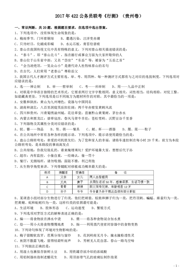 2017年422公务员联考《行测》真题（贵州卷）_34省+国考真题_34省考+国考pdf版推荐用这个版本_34省行测+申论真题pdf推荐用这个版本_贵州公务员考试真题pdf版_题目