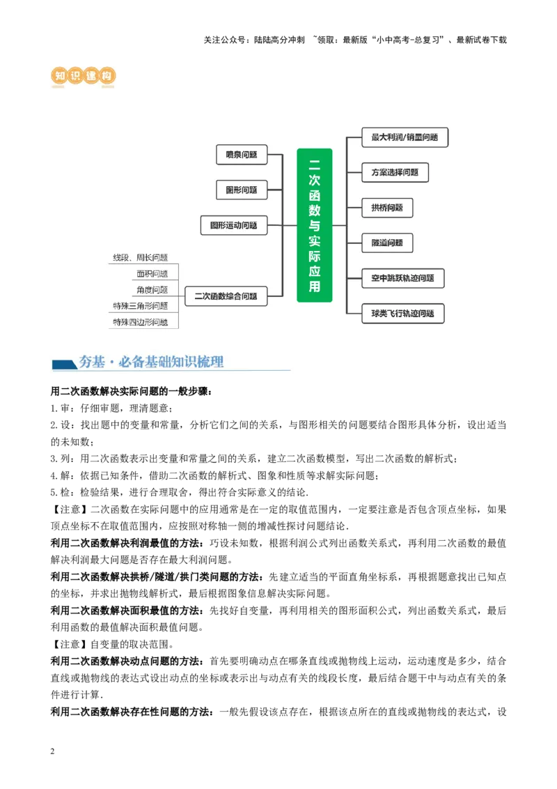 第14讲二次函数的应用（讲义）（原卷版）_02中考总复习（2026版更新中）_02-数学-中考总复习_2024年中考复习资料_一轮复习资料_配套讲义（原卷版+解析版）