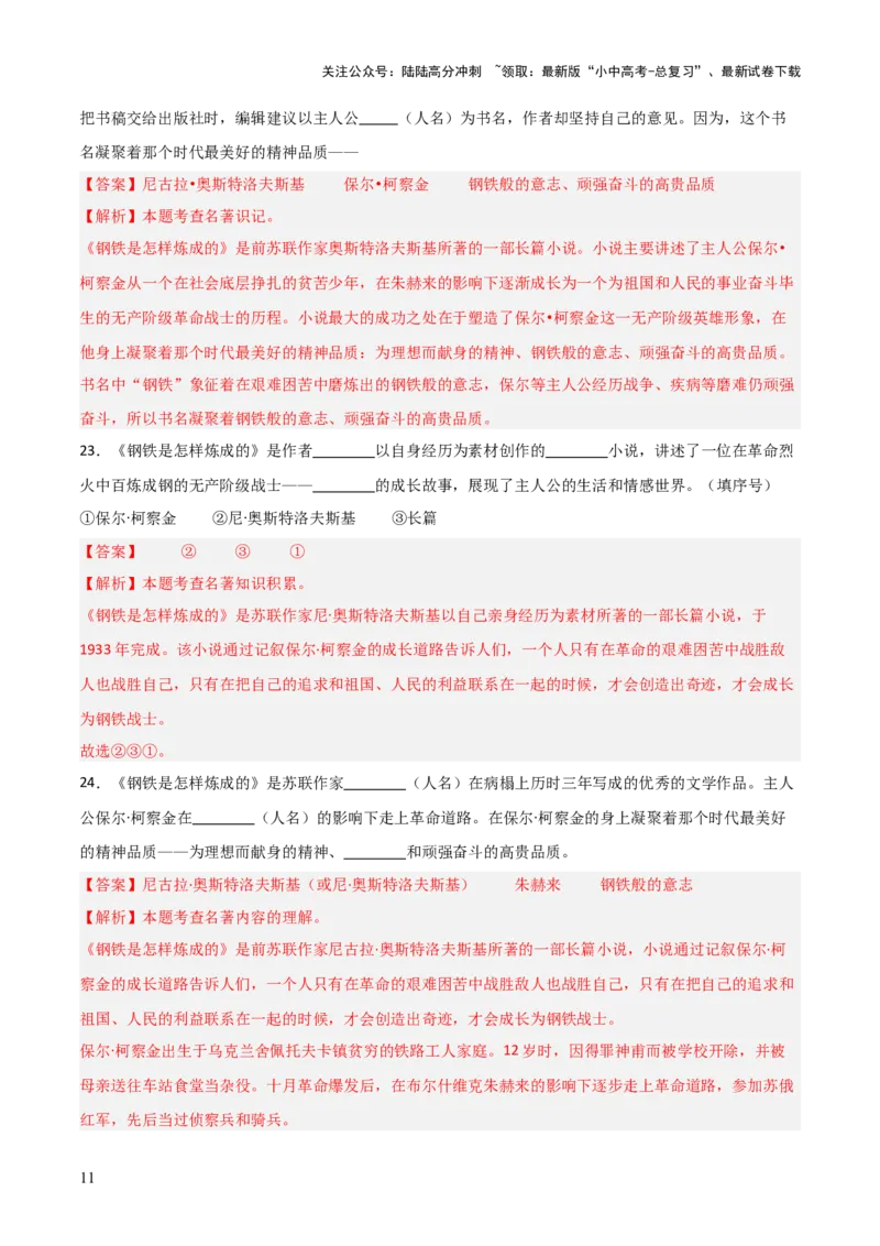 第04讲《钢铁是怎样炼成的》整本书阅读(练习）（解析版）_02中考总复习（2026版更新中）_01-语文-中考总复习_2026年中考复习（更新中）_2026年中考语文一轮复习名著阅读
