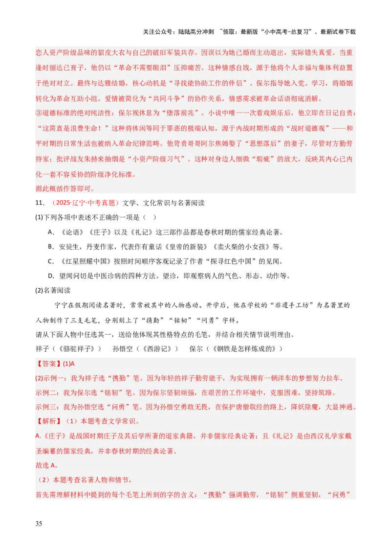 第04讲《钢铁是怎样炼成的》整本书阅读(练习）（解析版）_02中考总复习（2026版更新中）_01-语文-中考总复习_2026年中考复习（更新中）_2026年中考语文一轮复习名著阅读