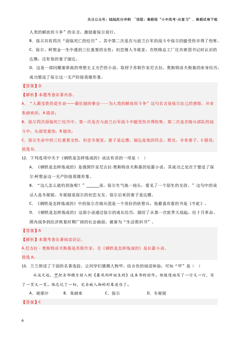 第04讲《钢铁是怎样炼成的》整本书阅读(练习）（解析版）_02中考总复习（2026版更新中）_01-语文-中考总复习_2026年中考复习（更新中）_2026年中考语文一轮复习名著阅读