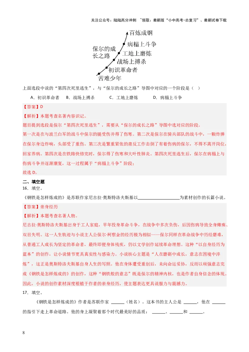 第04讲《钢铁是怎样炼成的》整本书阅读(练习）（解析版）_02中考总复习（2026版更新中）_01-语文-中考总复习_2026年中考复习（更新中）_2026年中考语文一轮复习名著阅读