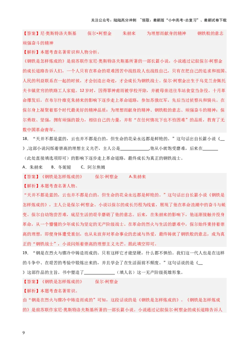 第04讲《钢铁是怎样炼成的》整本书阅读(练习）（解析版）_02中考总复习（2026版更新中）_01-语文-中考总复习_2026年中考复习（更新中）_2026年中考语文一轮复习名著阅读