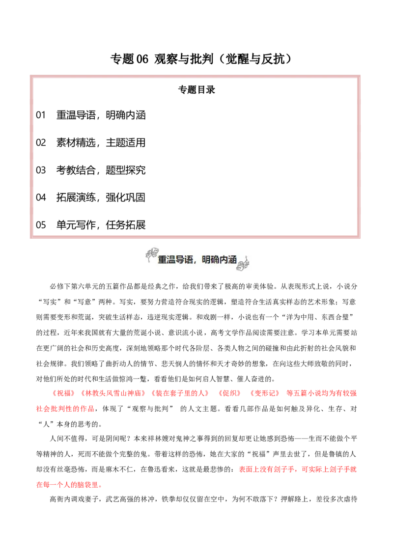 专题06+观察与批判（觉醒与反抗+尝试写小说）-2025年高考语文百日冲刺之教材主题作文预测_1.2025语文总复习_2025年新高考资料_一轮复习_必修上册