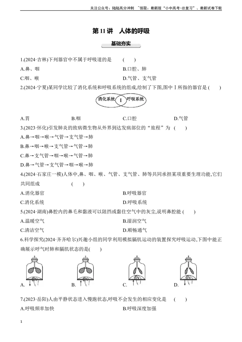 第11讲　人体的呼吸2025年中考生物学专题练习（含答案）_02中考总复习（2026版更新中）_08-生物-中考总复习_2025中考复习资料_2025年中考生物学专题练习(含答案)