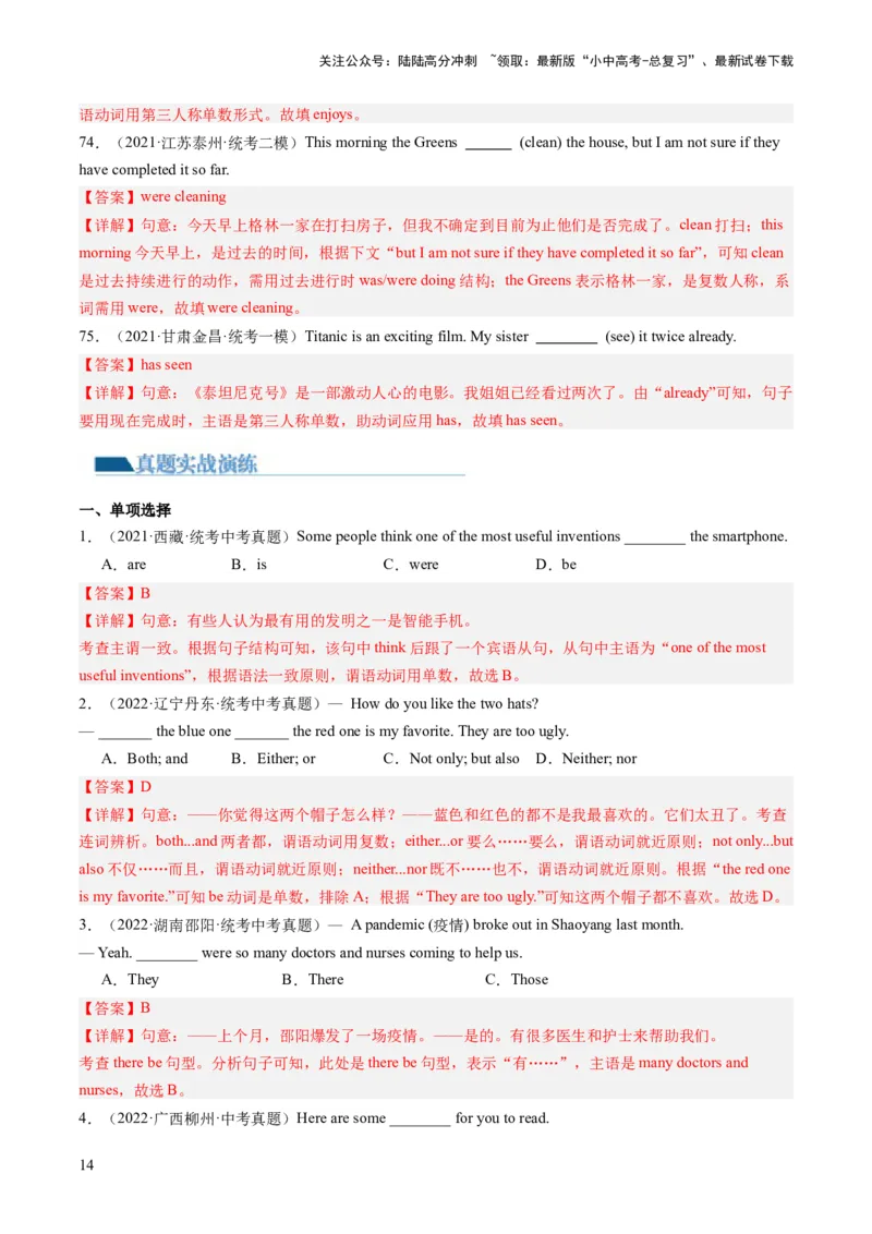 第11讲动词的时态、语态和主谓一致（练习）-2024年中考英语一轮复习讲练测（全国通用）（解析版）_02中考总复习（2026版更新中）_03-英语-中考总复习_2024年中考复习资料_一轮复习