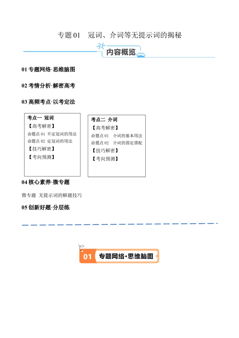 专题01冠词、介词等无提示词的揭秘（原卷版）_3.2025英语总复习_2024年新高考资料_2.2024二轮复习_高频考点解密2024年高考英语二轮复习高频考点追踪与预测（新高考专用）